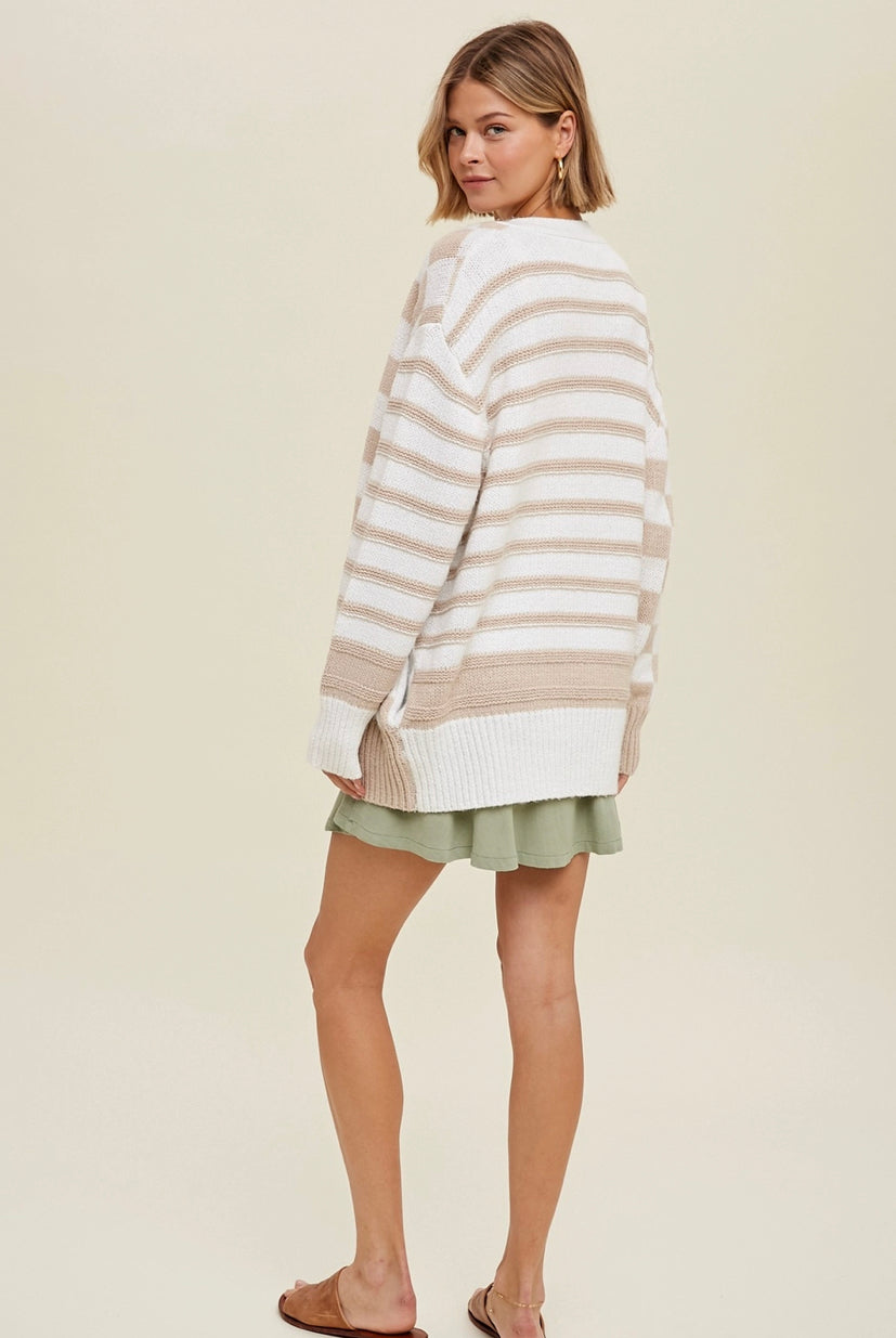 Calder Striped-Checkered Sweater with Side Pockets