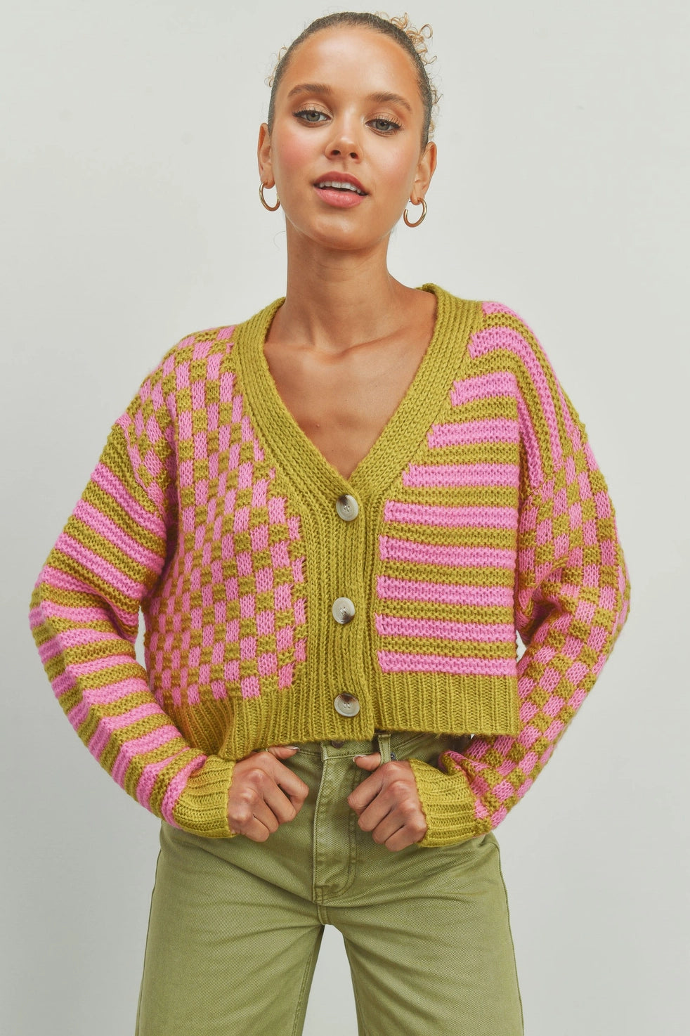 Oversized Button Down Checkered Stripe Sweater