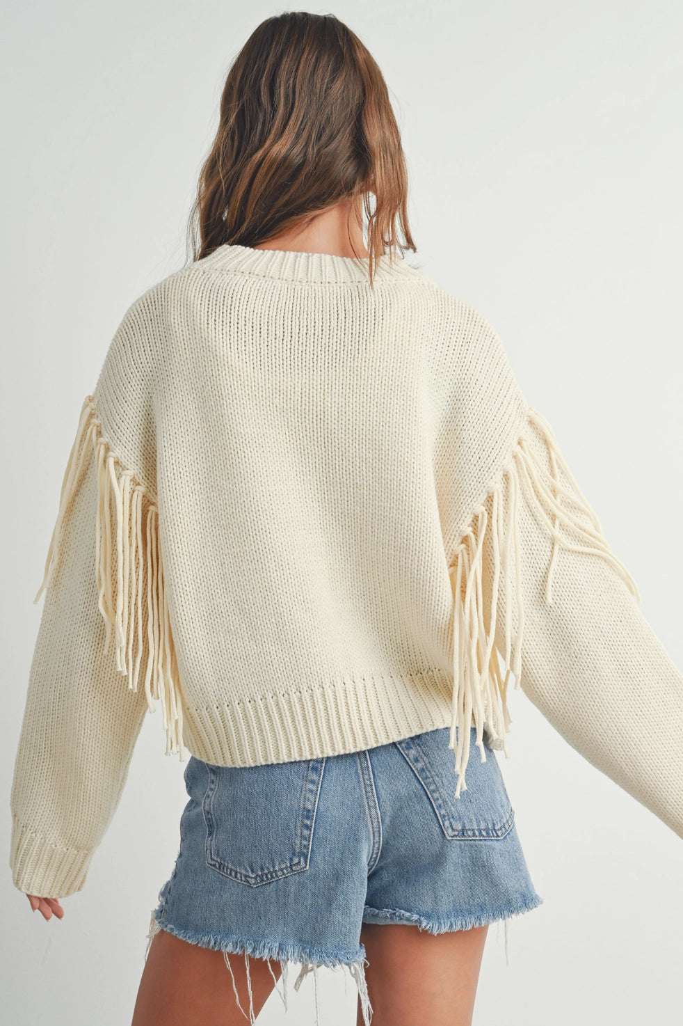 Cream Fringe Detailed Round Neck Long Sleeve Sweater