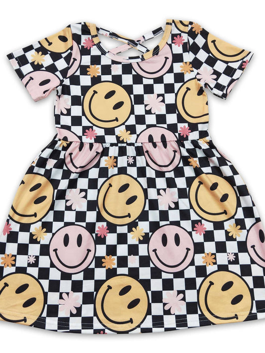 Toddler Plaid Smile Flower Short Sleeves Dress