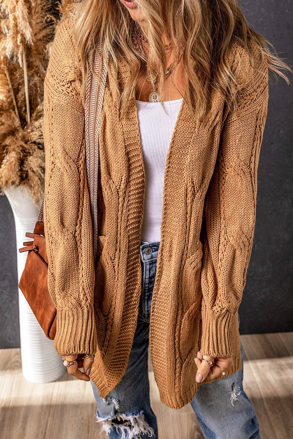 Tan Ribbed Trim Eyelet Cable Knit Sweater